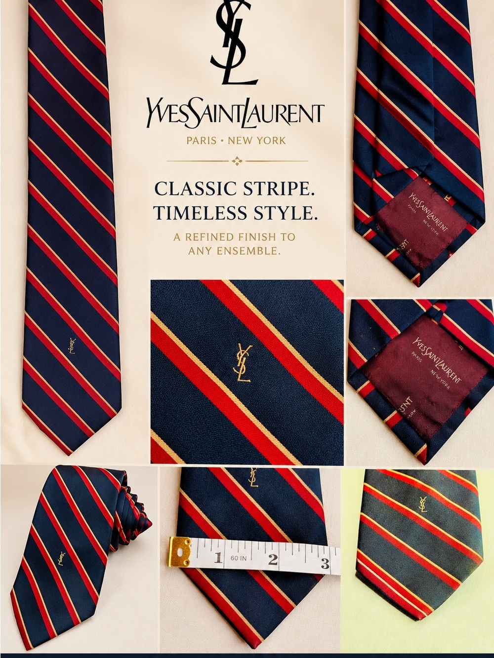 Yves Saint Laurent Navy, Red and Gold Striped Silk Tie